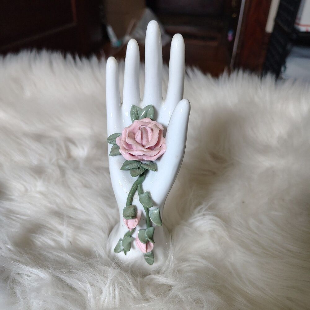 Elegant Coquette Vtg Porcelain Lady’s Hand W/ 3D Rose Sculpture Ring Holder